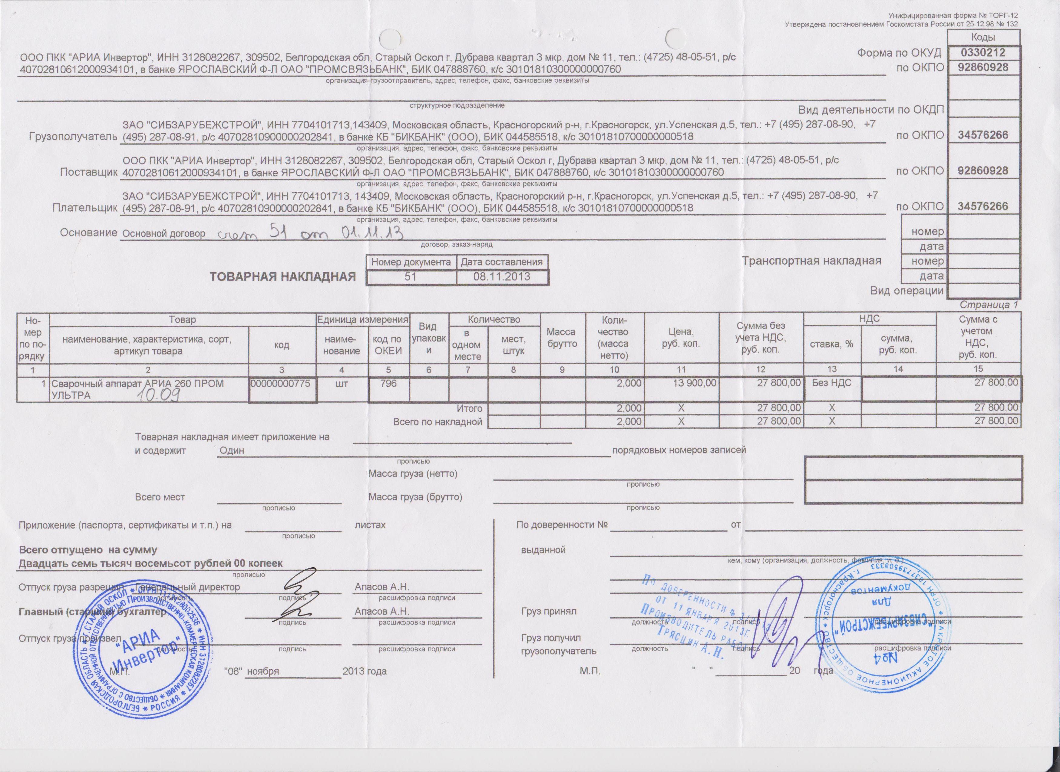 Подписи в товарной накладной