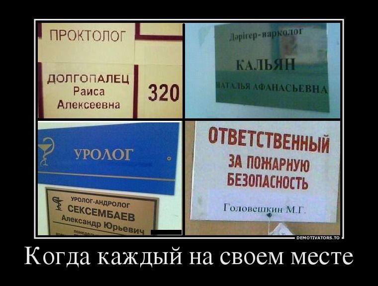 Демотиватор юмор. Каждый на своем месте. Уролог прикол. Смешные фамилии демотиватор. Быть не на своем месте.